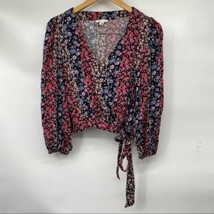 American Eagle Blue Pink Floral Wrap Blouse S
